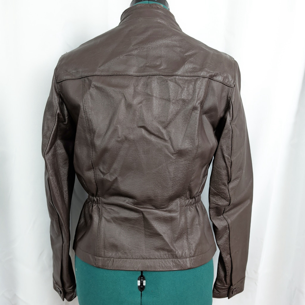 Vintage Ladies' Scrunch Waist Brown Leather Jacket 4 - Picture 6 of 8